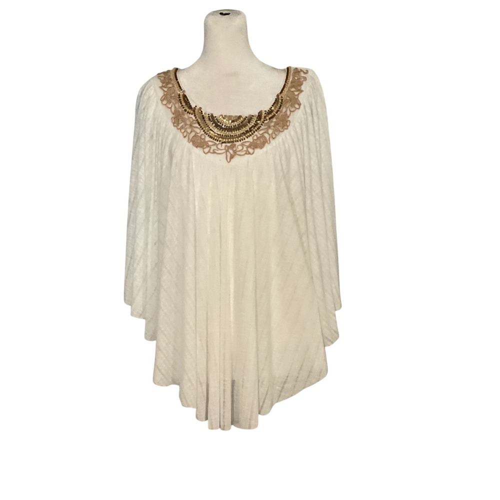 REBA oversize drape tunic top Western BoHo beaded embroidered ruffle poncho L